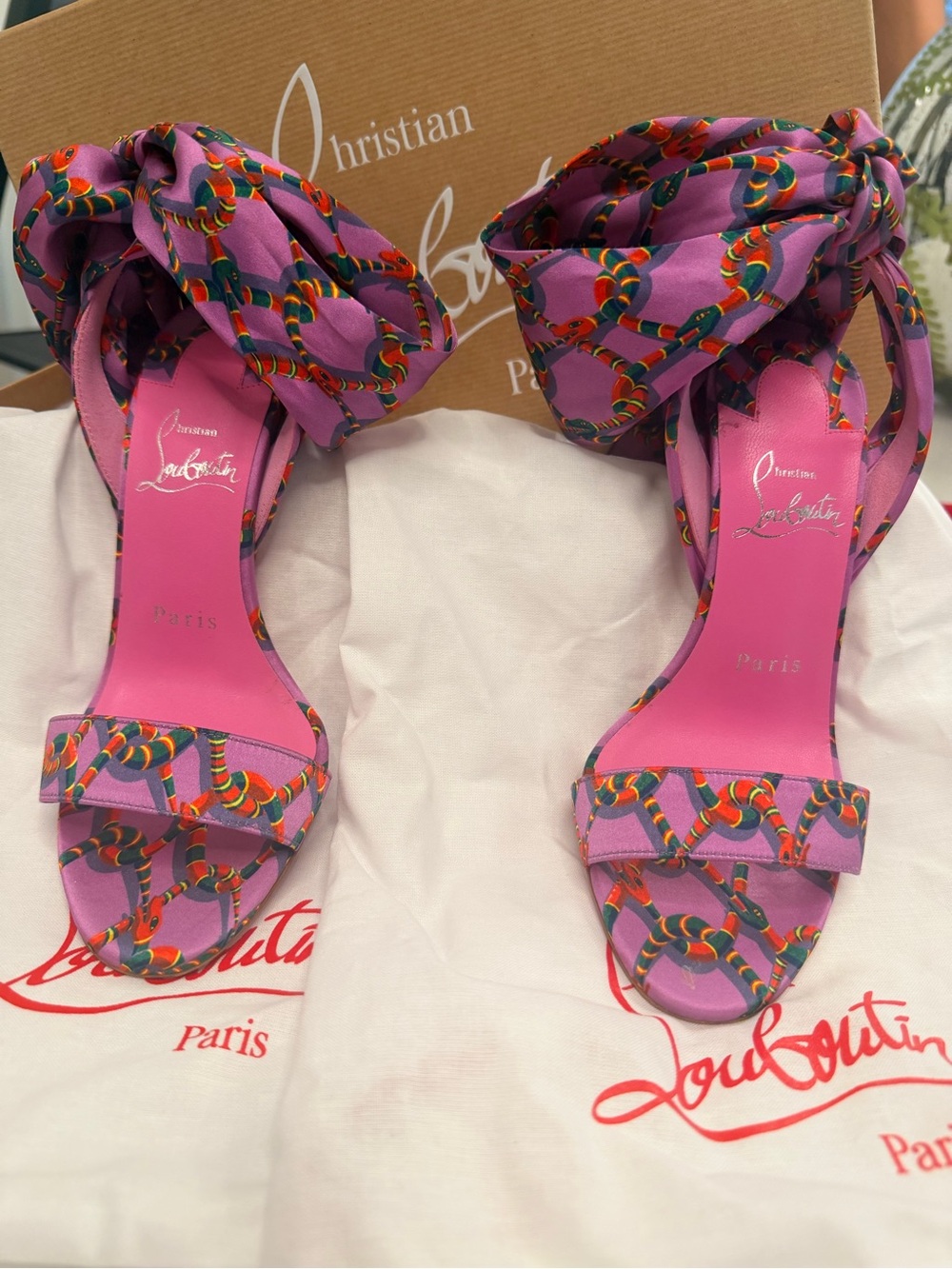 Christian Louboutin Pink and Multicolor Chain-Print Tie-Ankle Sandals